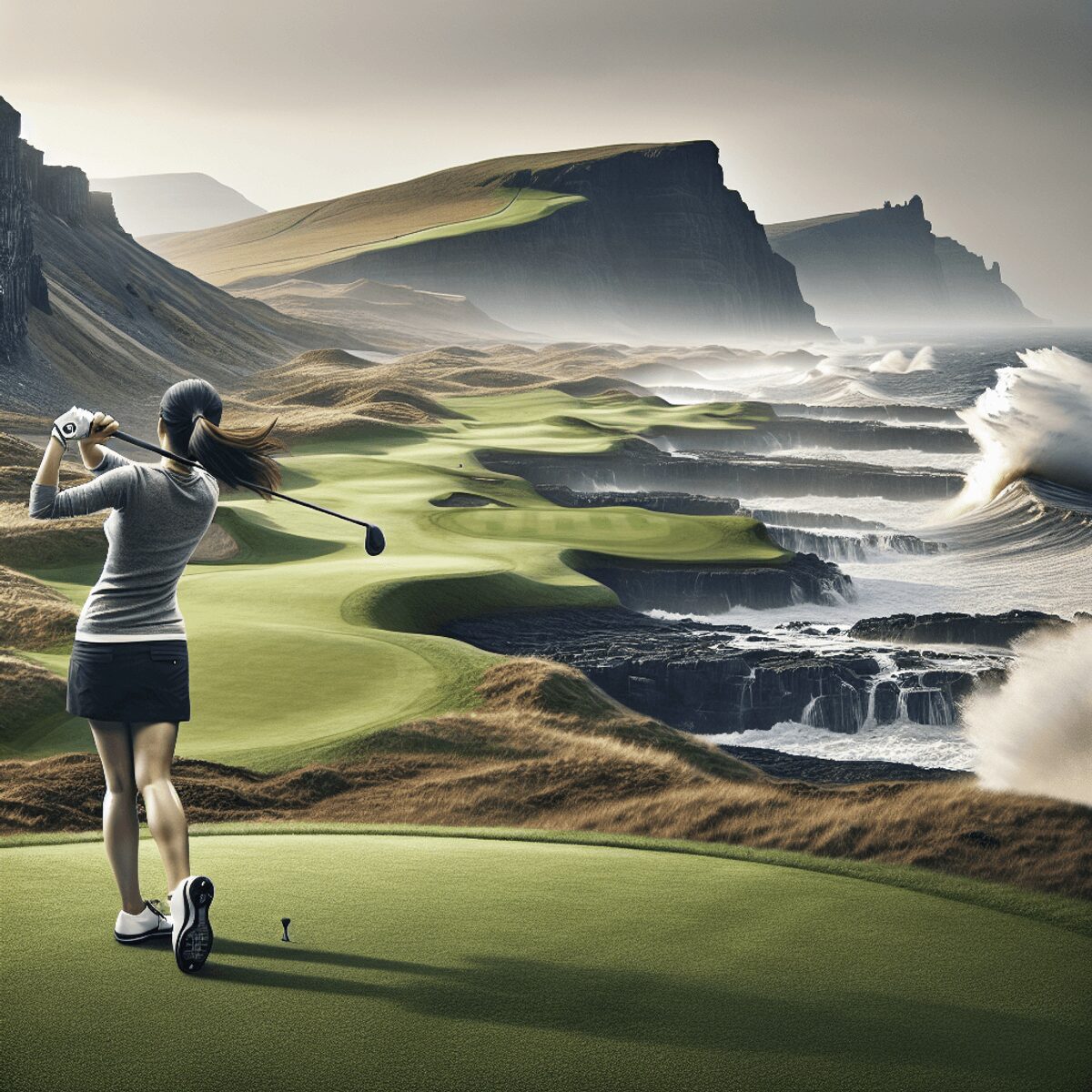 An Asian female golfer in her backswing, poised to tee off on a lush Scottish golf course with crashing waves in the background.