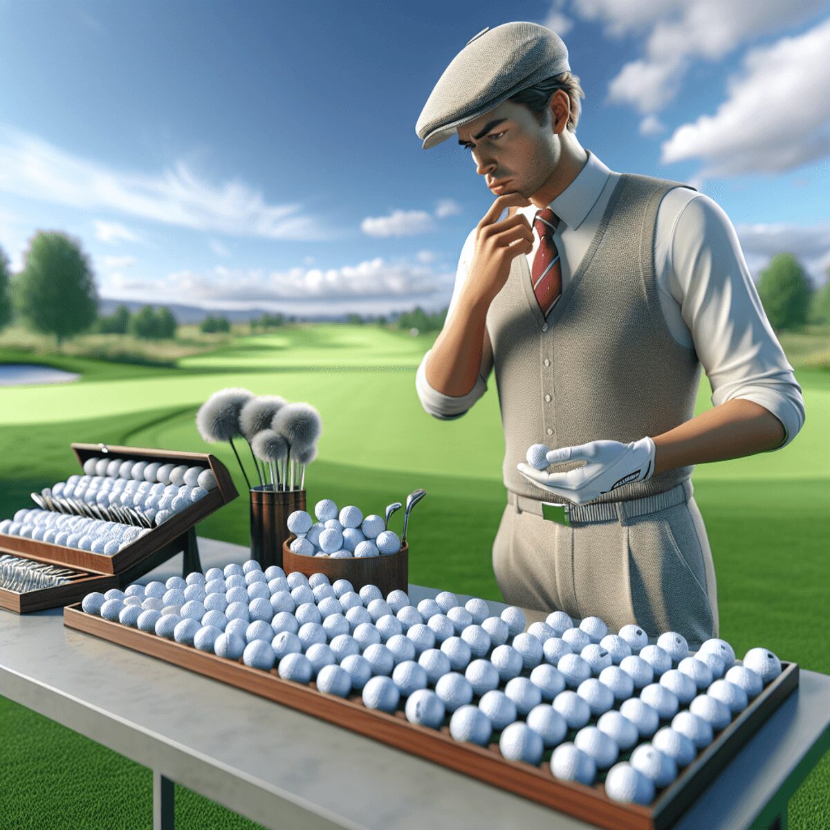 A Caucasian male golfer in a traditional golf outfit, deeply focused as he examines a selection of golf balls on a stylish display table, set against